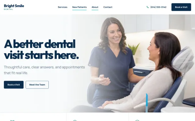 Dentist website design example: Bright Smile Dental homepage, Central Ohio
