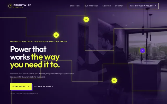 Electrician website design example: Brightwire Electric homepage, Denver, CO