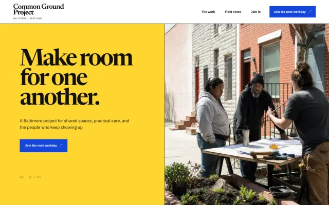 Nonprofit website design example: Common Ground Project homepage, Baltimore, MD