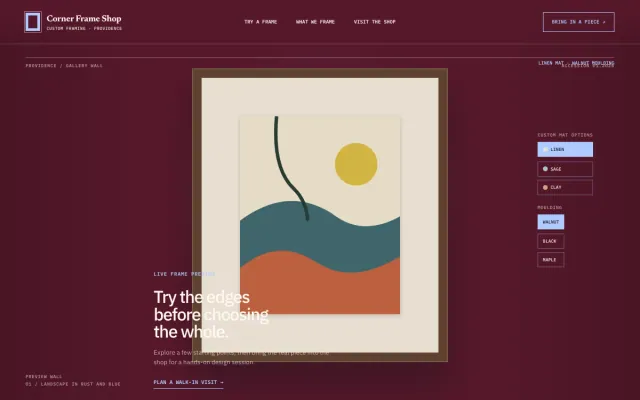 Frame Shop website design example: Corner Frame Shop homepage, Providence, RI