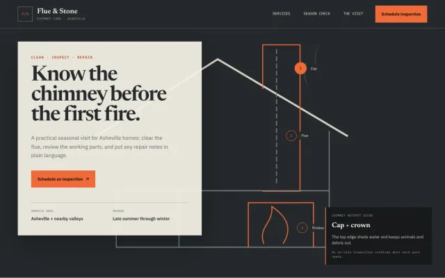 Chimney Sweep website design example: Flue & Stone Chimney Care homepage, Asheville, NC