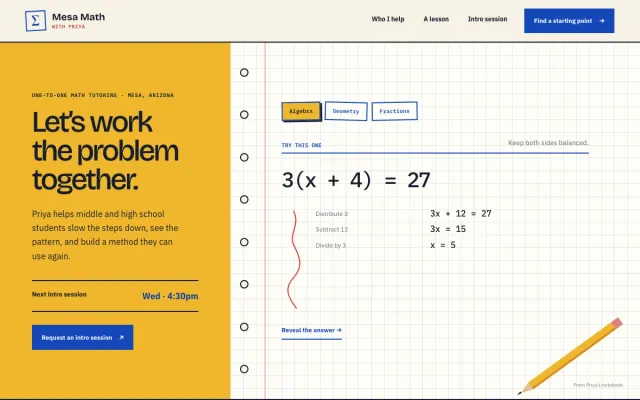 Tutor website design example: Mesa Math with Priya homepage, Mesa, AZ