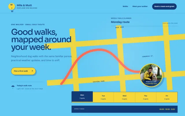 Dog Walker website design example: Mile & Mutt Dog Walking homepage, Portland, ME