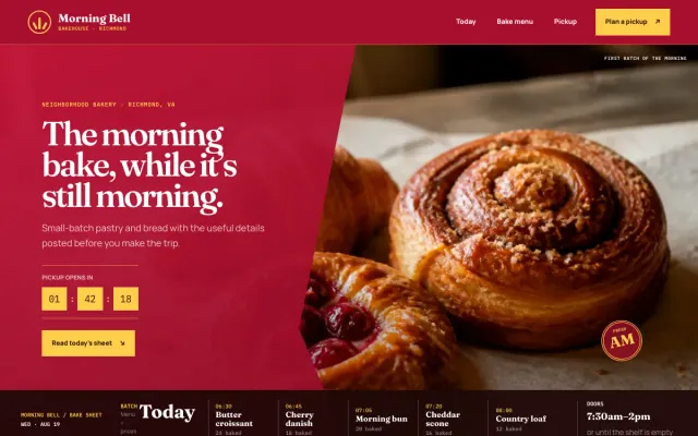 Bakery website design example: Morning Bell Bakehouse homepage, Richmond, VA