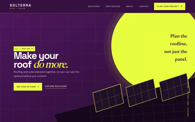 Roofer website design example: Solterra Roof + Solar homepage, Charlotte, NC