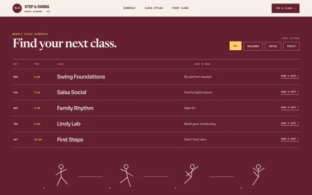 Dance Studio website design example: Step & Swing Dance Academy homepage, St. Louis, MO