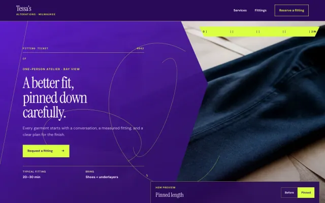 Tailor website design example: Tessa's Alterations homepage, Milwaukee, WI