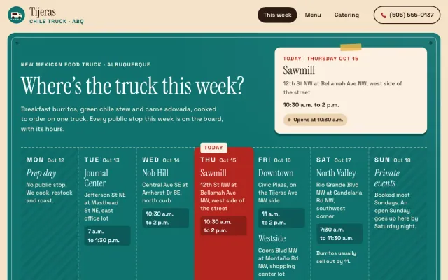 Food truck website design example: Tijeras Chile Truck weekly stop board with today marked, Albuquerque, NM
