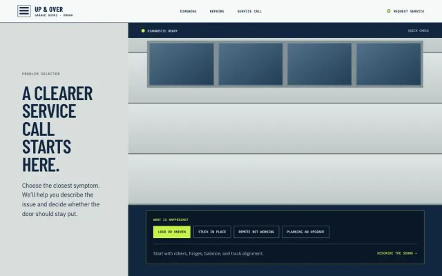 Garage Door Service website design example: Up & Over Garage Doors homepage, Omaha, NE