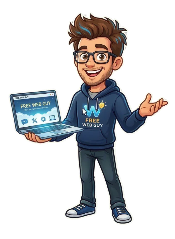 FreeWebGuy mascot presenting a laptop with your new website